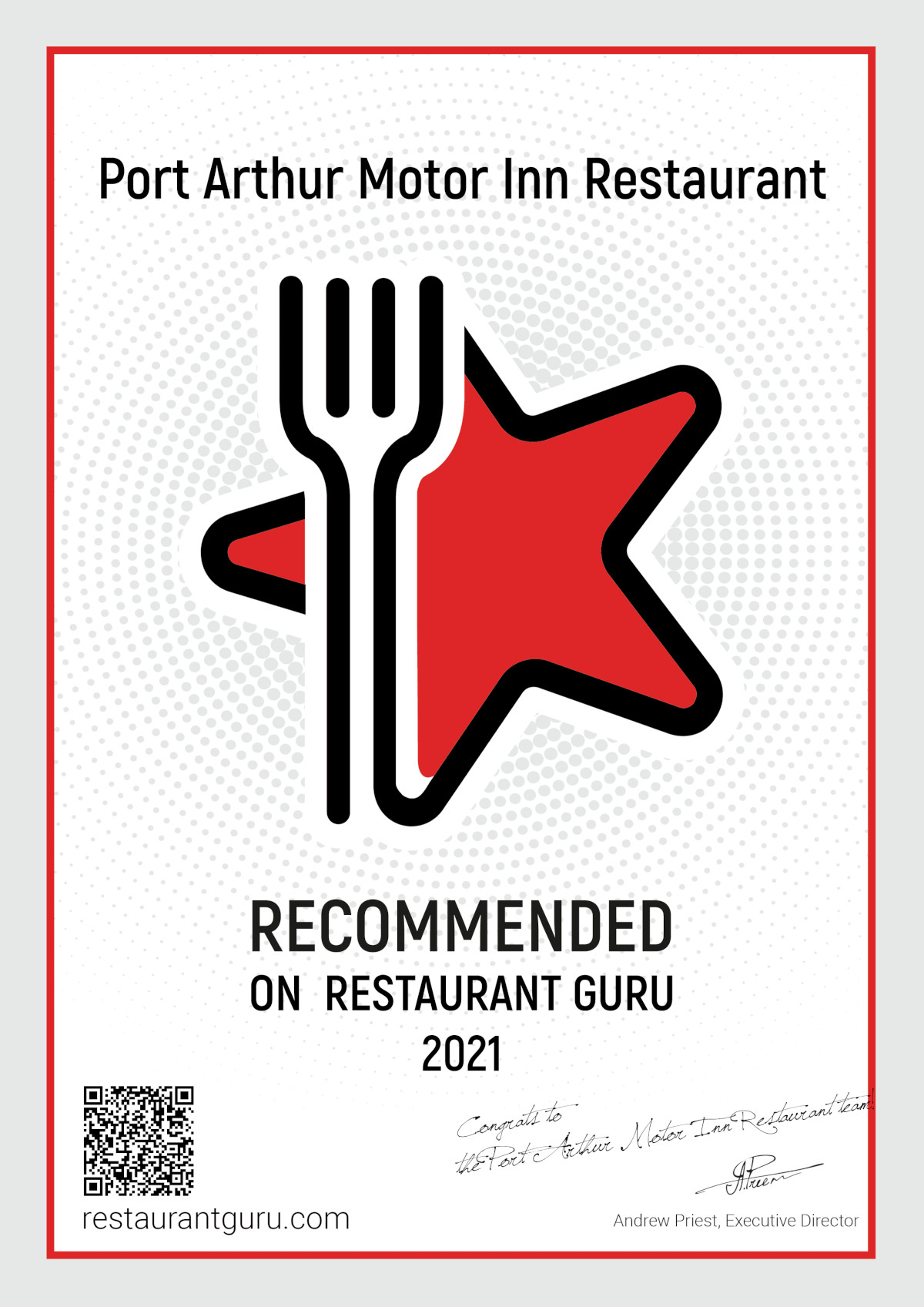 Restaurant Guru Certificate Port Arthur Motor Inn